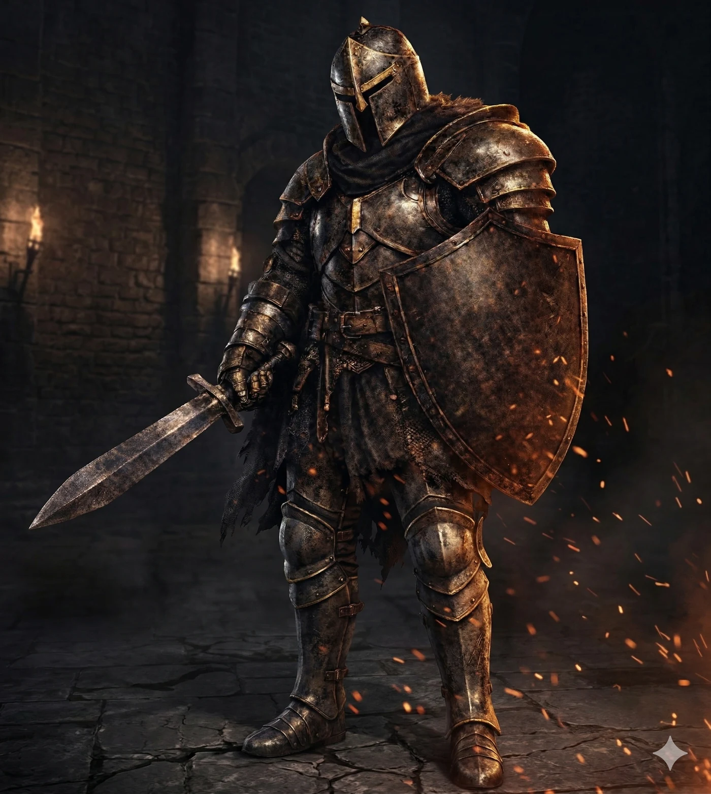 Armored knight standing in a stone forge with sword and shield