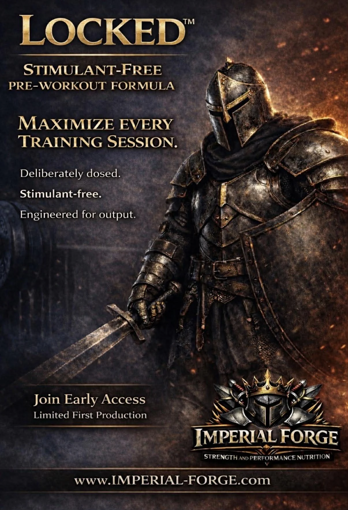 Locked promotional poster with armored knight artwork and launch messaging