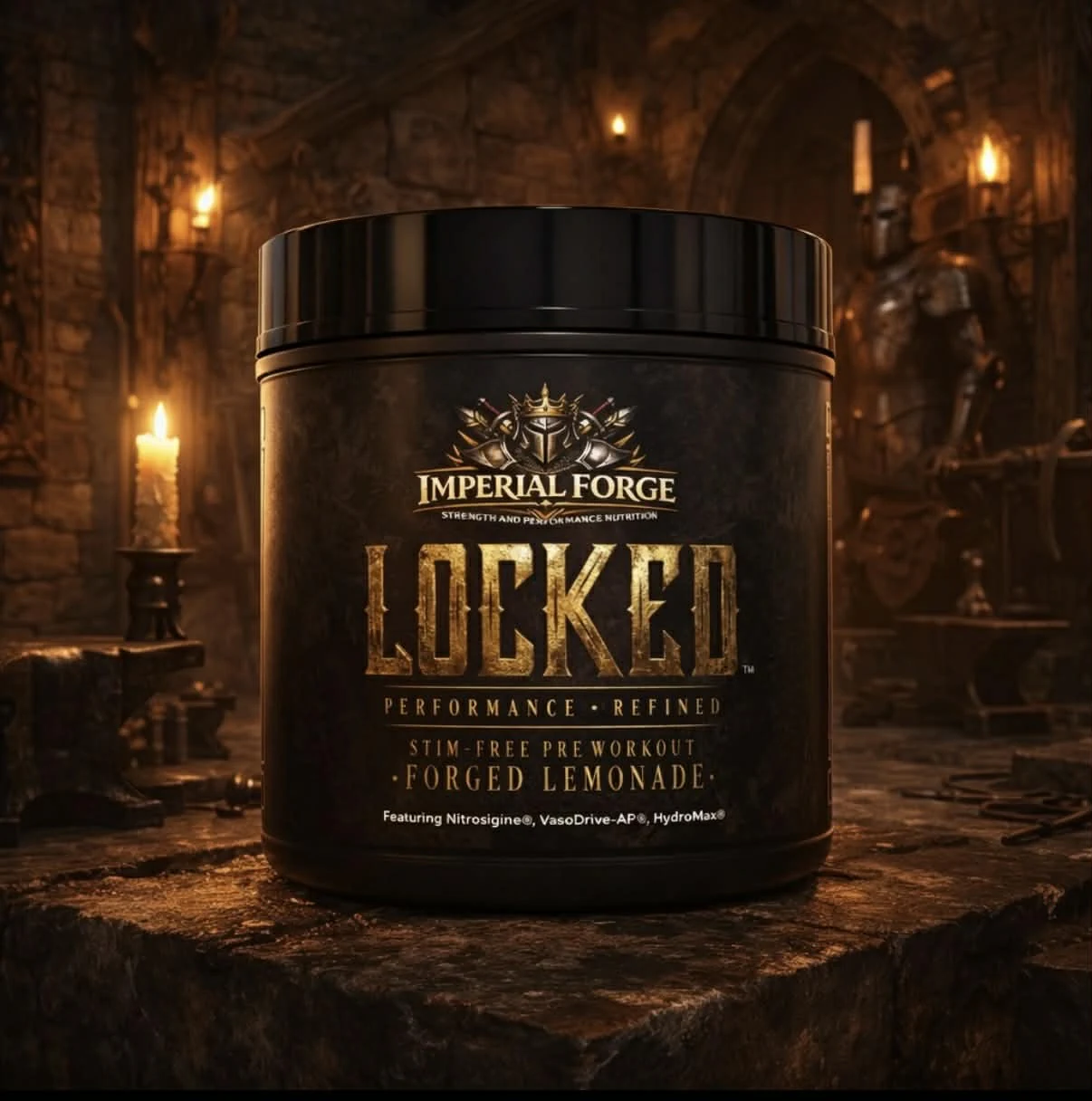 Imperial Forge Locked product tub in a torchlit stone forge